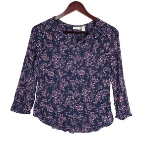 Hinge Navy Blue & Pink Floral Cottagecore Button-Front Blouse 3/4 Sleeve Size XS